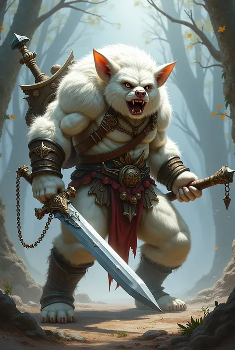 White fur slim fit bugbear Warrior with a greatsword in the right hand and chained whip in the left hand and a big mounting lance on the back