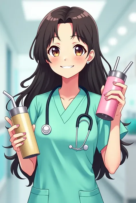  Create anime-style drawing of a white-skinned dentist, mint colored medical uniform , longer wavy and dark brown hair , pearl rings .  With a large thermos with a straw in his hand and his medical instruments in the other, while smiling 