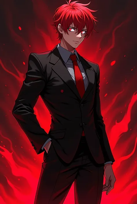 Red-haired person,  completely white eyes without pupils  , black and red suit,  red and black suit, bright crimson head, jet black skin, wearing a black and red suit, dark suit, His eyes are red and shiny ,  red and black suit!!!, body with black and red ...