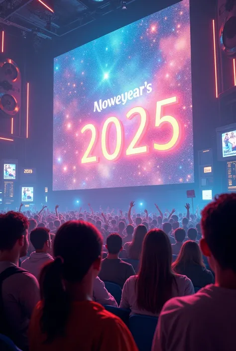 Create a new year 2025 wishes visual with movie element like film , 3D spec , popcorn ,cinema screen 