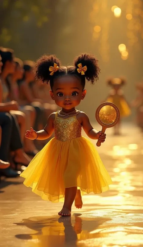 An ultra-realistic photo of a  baby girl representing the Orixá Oxum, walking elegantly on a glamorous fashion runway. The baby has curly black hair styled into two cute pigtails, adorned with small golden ribbons. She wears a golden and yellow dress with ...