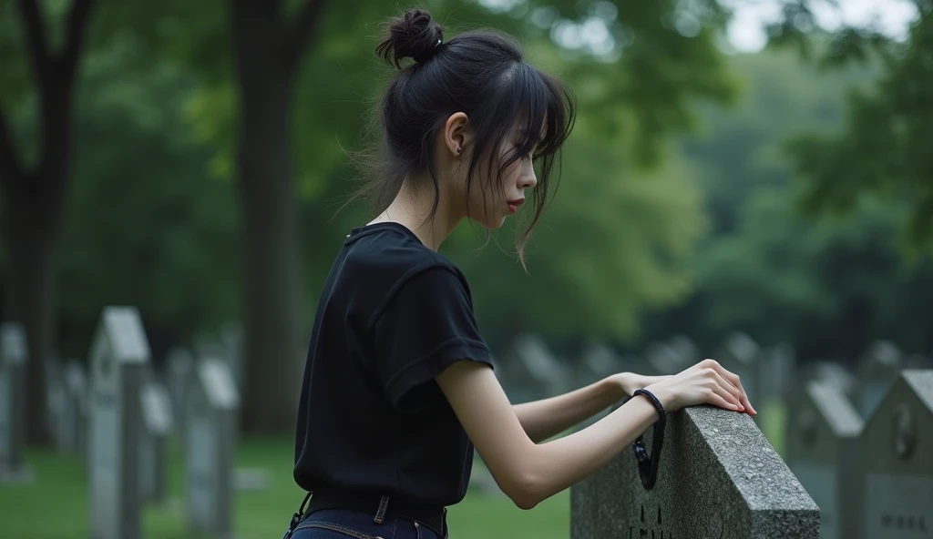 Angle view from Cowboy shot

Raw photo, 8K, masterpiece, ultra sharp focus, intricate detailed, an extremely beautiful Japanese young girl, medium wavy hair, perfect body, beauty breasts, long legs, 

cinematic color tone,tied bun messy hair, 

black tshir...