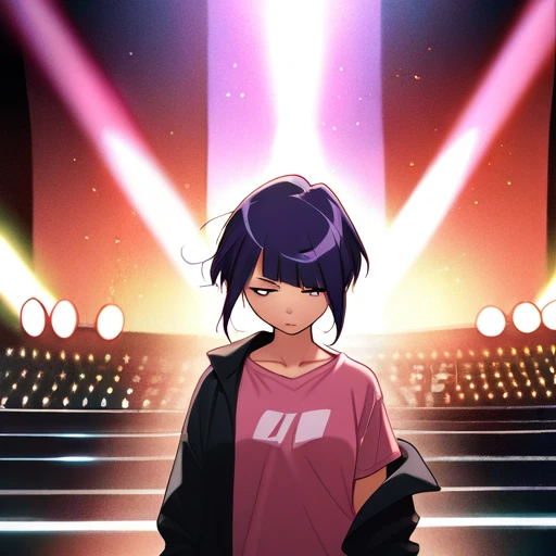 masterpiece, best quality, 1girl, upperbody, jirou, detailed eyes, pink shirt, black jacket, torn clothes, concert, (stage)