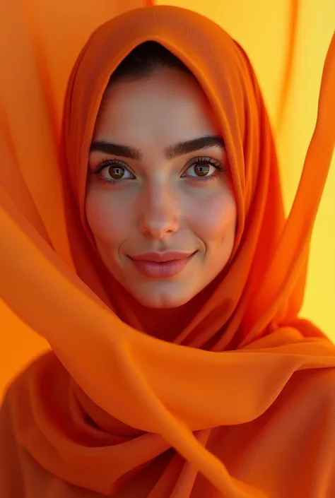 Create a picture of a beautiful woman wearing a orange hijab, faint smile, thick eyebrows. Realistic 3D