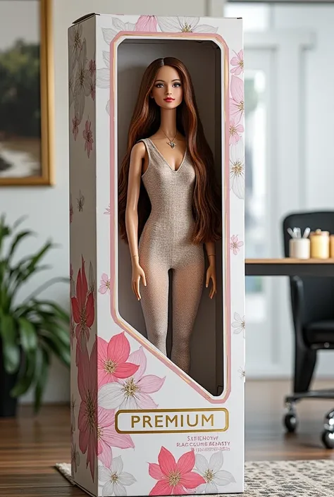 (best quality, 4k, 8k, high resolution, masterpiece: 1.2), ultra detailed, (realistic, photorealistic, photorealistic: 1.37), professional photography.A highly detailed and realistic doll box design. The box is sleek, modern, and premium, with a transparen...