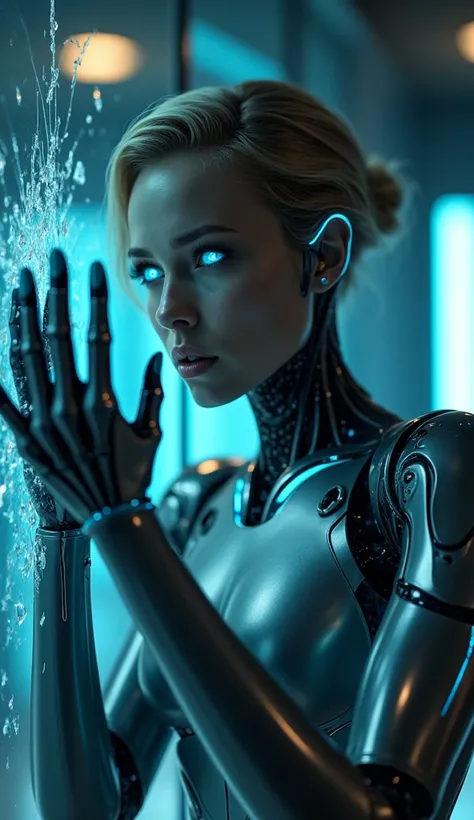 **"A highly detailed and cinematic scene of a humanoid female robot trapped behind a glass panel, her synthetic hand pressed firmly against the glass as she strikes it with desperation, trying to break free. Her design combines sleek, futuristic metallic e...