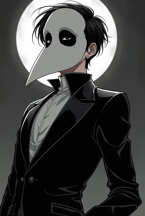 Young man in black and white manga anime style dressed as the Phantom of the Opera, Half a white mask covering half of his face.