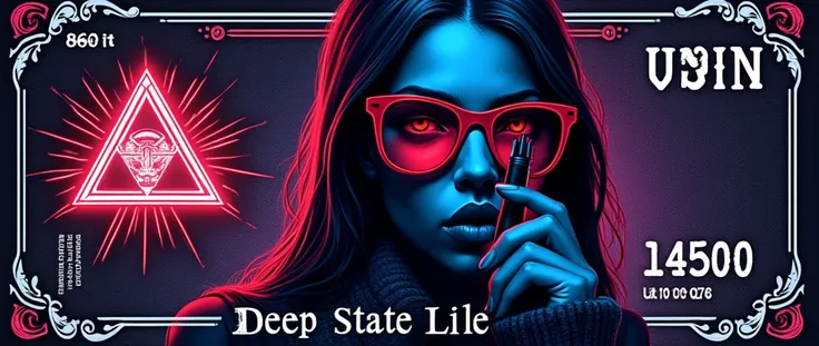 Billet de banque ultra réaliste avec écrit "1 Deep State killuminati " avec en gravure de sécurité du billet une belle femme résistante en lunettes rouges armée dun kalashnikov et une pyramide Illuminati et signes ésotériques en lumiere noire uv style fili...