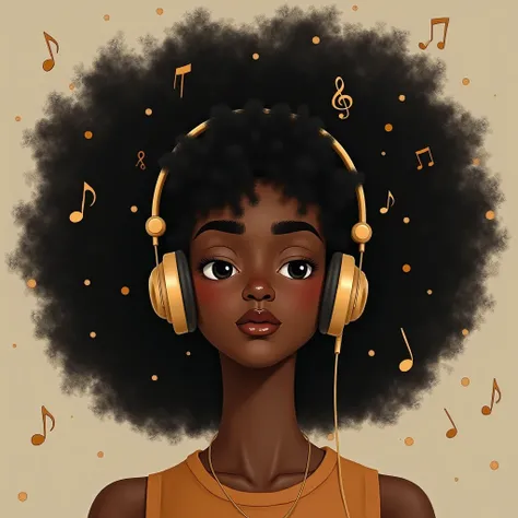 a black girl with a large afro hairstyle, wearing gold headphones, face and eyes hidden by hair, SMALL lips, she is average body weight, image should cover 80% of her face. it should capture the essence of healing hearts through music. she is wearing a bla...