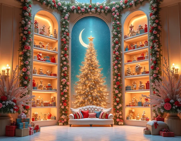 realistic photography of a front view of a gigantic shelves stuffed with extremely overdecorated festive theme decors, gifts and toys in shelves, white walling with colorful Christmas decorations and flowers in Christmas vases, extremely detailed interior ...