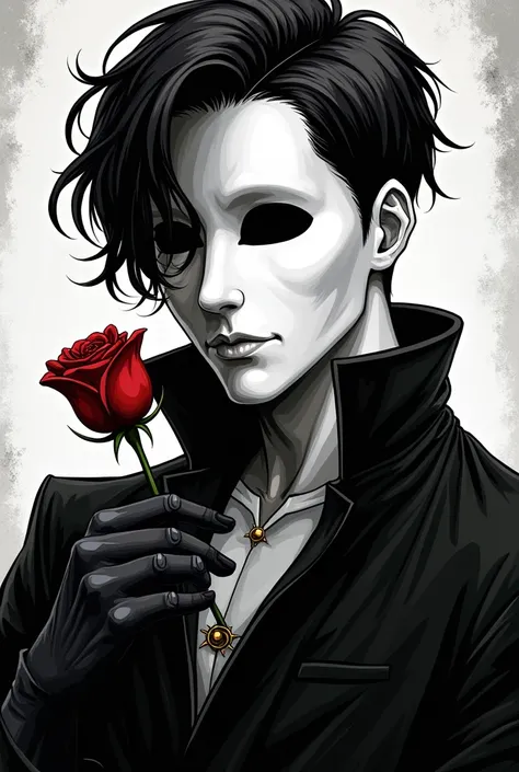 Young man in black and white manga anime style dressed as the Phantom of the Opera, half a white mask covering the left side of his face .  He holds a rose in his hand and has scars covered by the mask.