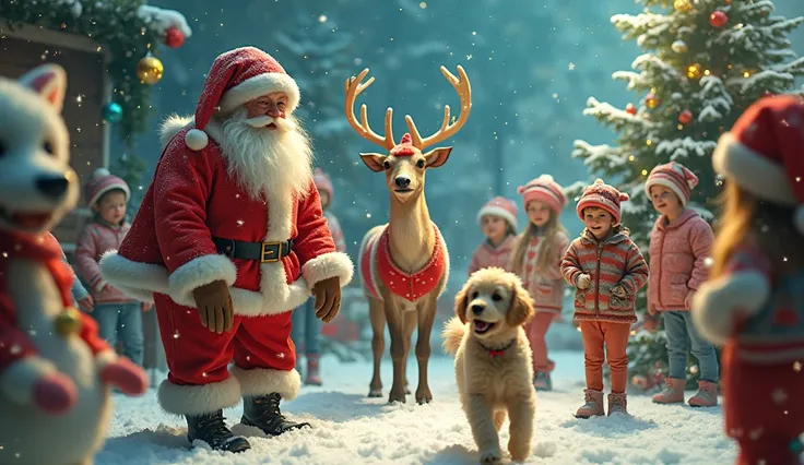 Santa Claus and reindeer wear colorful gear and bucket hats from unknown manufacturers、A 、 Surreal Photos 。Theres a boom box in the corner 。 Snowflakes , s playing in the snow ,  snowy ground , Warm, shining light, Cozy and festive atmosphere, Joyful laugh...