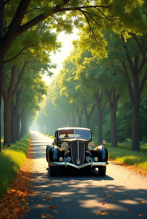 An early built car driving under decidous trees in summer with leaves on the road. A land scape perspective of 500 pixels