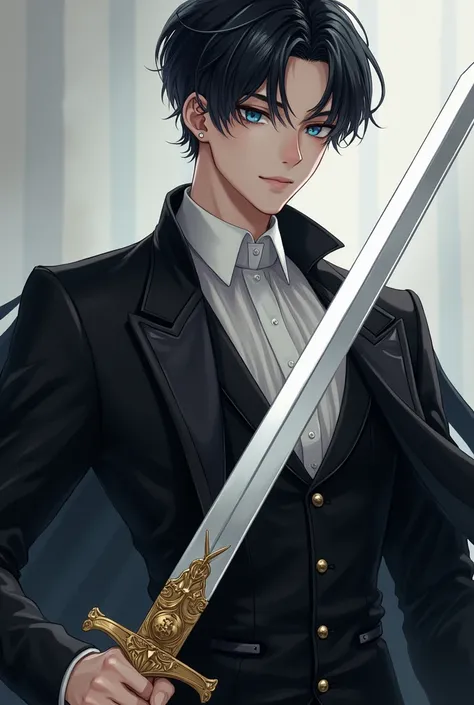 23 year old male heir 
Black prince suit 
short black twill hair 
The White Sword
Sharp appearance 
Blue eye
Personable 