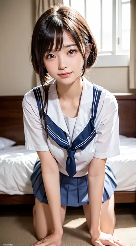 (masterpiece, Best Quality:1.2), 8K, 18 years old Japanese girl, 85 mm, Official art, Raw photo, Pretty Face, close up, face focus, cute Girl, Cinch waist, beauty thighs, soaking wet, sweat, large breasts, student uniform, serafuku, white shirt, short slee...