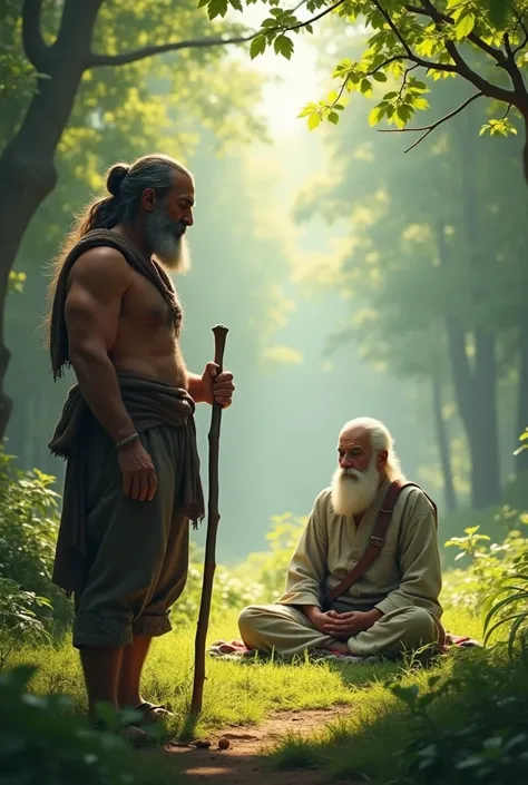 "A rugged shepherd named चरवाहा, 30 years old with tanned skin and a muscular build, standing respectfully with a curious expression, holding a shepherds staff. He is dressed in simple village attire and is in a forest clearing near a meditating sage. Real...