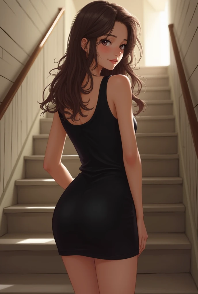 Young teenager brunette hair girl in black mini dress stay on stairs realistick nice ass