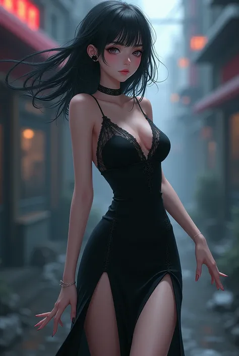 Anime girl in a black dress with slits in a dynamic pose