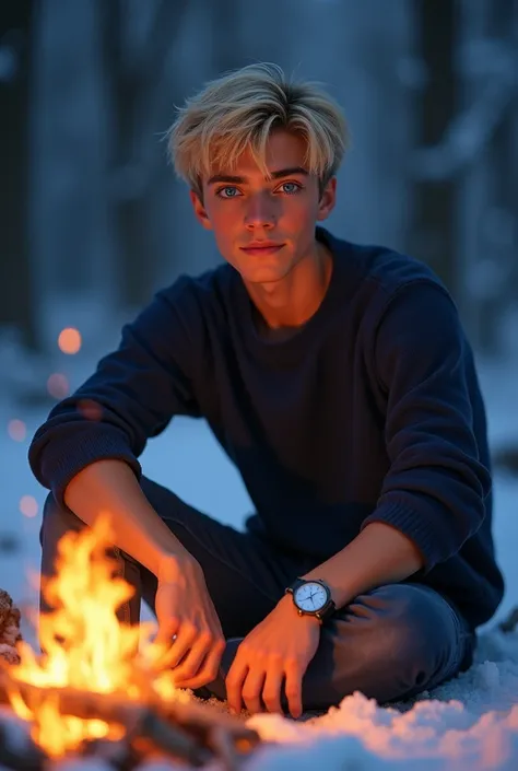  Young handsome man, white eyes, dark blue, blonde, warm face
Wearing a sweater and a watch, hes actually in a snowy forest, at night, sitting in a bonfire.