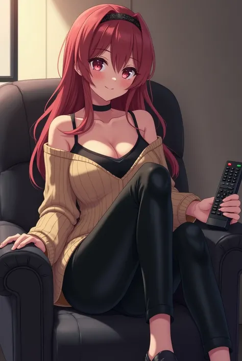 Anime Teenage Woman Has Long, Reddish Hair, with big and expressive eyes of pink color or similar She wears a beige knitted sweater that leaves one shoulder uncovered and has a black leather t-shirt with bare shoulders and shiny black leather pants and bla...