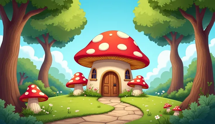 Whimsical, cartoon-style illustration depicting a charming mushroom house set in a lush forest. The central focus is a large, red-capped mushroom with white spots, serving as the roof of the house. The house features a wooden door with an arched top, flank...