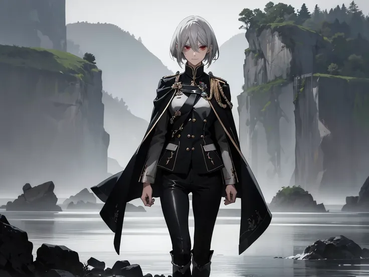 (Confused, High resolution, Very detailed), 1 female,Silver Hair,,bobbed hair, red eyes,white and black military uniform,24th generation,beauty,mature,thin,quiet,Calm,A small smile,Cape,Slender and thin,Knee-high boots,skinny pants,Sea at dawn,Small breast...