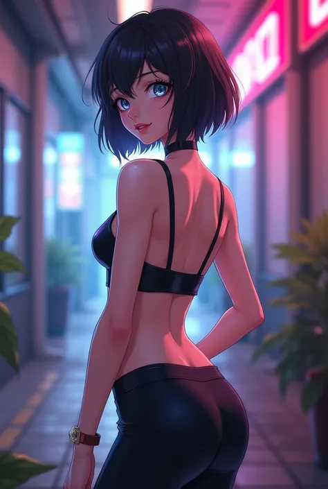 Young woman, short hair, black hair, silver eyes, medium breasts, slim waist, round butt, wearing leggings and a tank top, anime