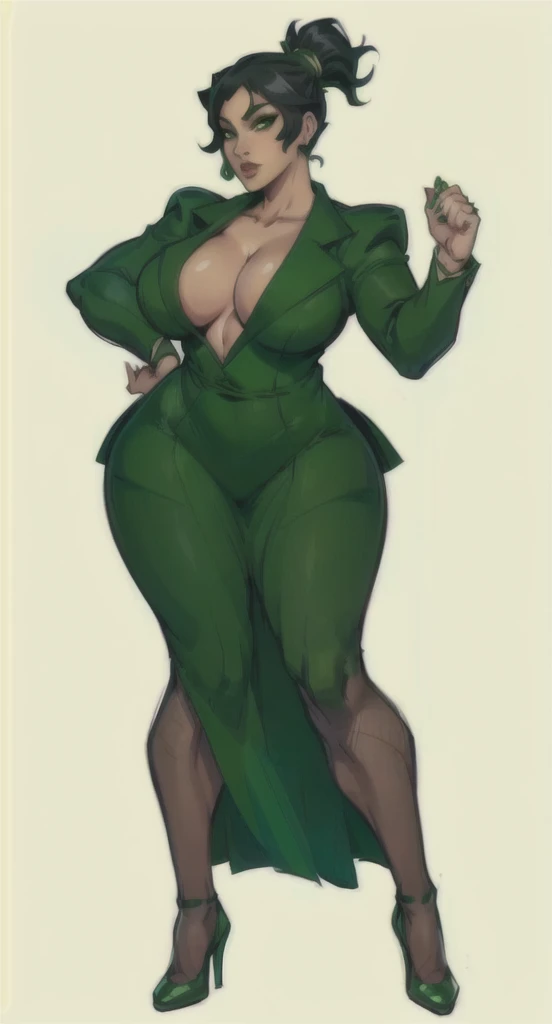 a cartoon picture of a woman in a green suit and heels, tatsumaki, pinup body, full body portrait of a short!, character full body portrait, pinup, female full body, pinup pose, official character art, full body character portrait, wearing green suit, full...