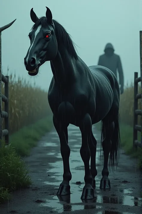 

**"A hyper-realistic close-up of a menacing black horse standing confidently in the rain near a farm gate. The horse has sharp, predatory features: jagged teeth, claw-like hooves, and curved, sharp horns. Its glowing red eyes pierce through the gloomy at...