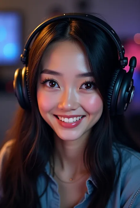 A character , long straight black hair without fringe
,  brown eyes , headset with microphone ,A gamer
Headphone with microphone makeup ,Smiling woman with , whether the fourth
