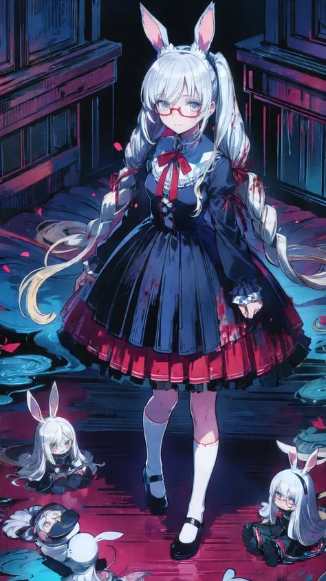 Tokyo ghoul style, female, 22, long white wavy hair in 2 pigtails, light blue bow accessories, white and baby blue ****ta dress, black Mary janes, white knee high socks, holding a stitched up toy rabbit, adult woman, mature, grey eyes, glasses, smiling, st...