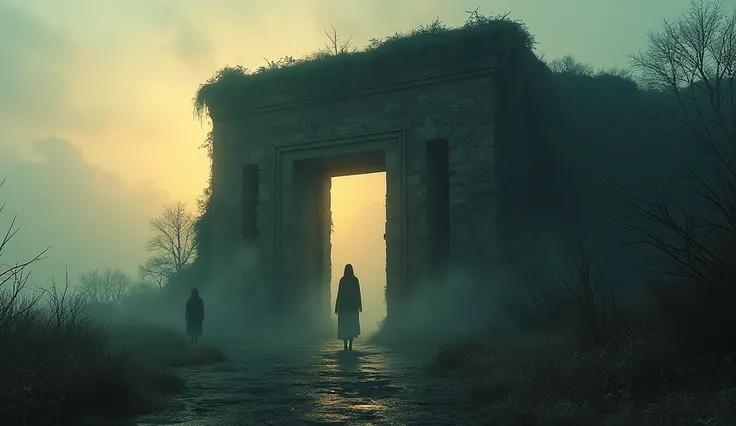 "The haunted ruin from a distance at sunrise, with strange, ominous figures faintly visible near its entrance."