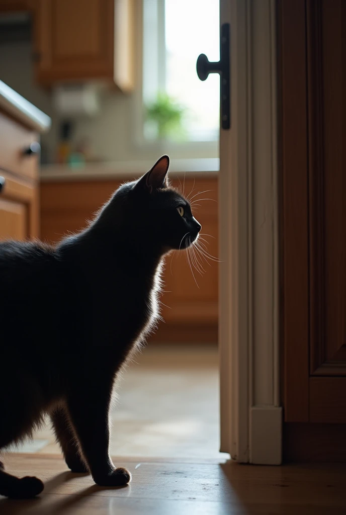 A black cat is carefully looking in front of a door or attempting to enter through it. The cats gaze is focused on the door, as if its trying to enter, but the door is slightly ajar. A soft light is spilling through the crack of the door, creating a bounda...