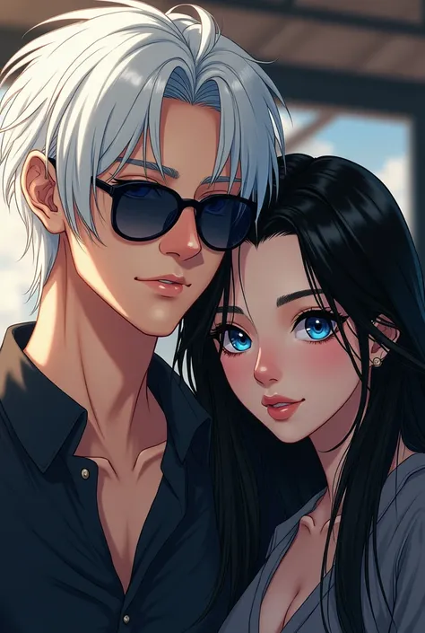 He has snow-white hair and the beautiful Eyes, which are a vibrant blue color. Satoru wears sunglasses and lets his hair down to the base of his neck when sporting a casual look. Hes with a girl. Girls hair is long and black color.she has very black big ey...