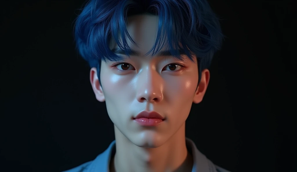 a 24 year old Korean boy, blue mullet hair, square face, v line, defined nose, defined mouth, black background, (best quality,4k,8k,highres,masterpiece:1.2),ultra-detailed,(realistic,photorealistic,photo-realistic:1.37),HDR,UHD,studio lighting,ultra-fine p...