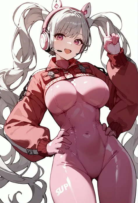  score_9,  score_8_up,  score_7_up,  source_ anime BREAK 1GIRL , Alone,Alice Def,  twin tails,  very long hair, Grey Hair,  focus on fake animal ears ,  headset ,  pink eye ,  pink bodysuit,  copy  (Clothing), multicolor gloves, , v, hands on hips,  wide h...