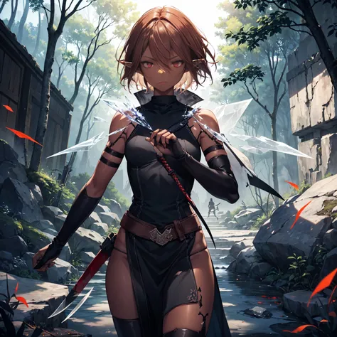 masterpiece, best quality, highly detailed, digital art, character design, full body shot, (female elf assassin), (dark skin tone:1.3), (dark red eyes:1.2), (short terracotta hair:1.3), hair ornament, long eyelashes, (small pointy ears:1.2), lean muscular ...