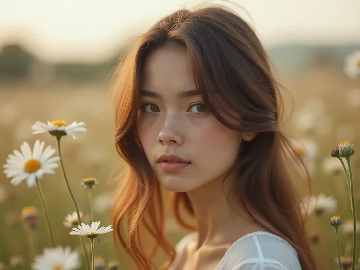 young brunette woman is posing in a field of wildflowers, 17yo, brown eyes, in the style of tokina at-x 11-16mm f/2.8 pro dx ii, portraits with soft lighting, white and beige, close-up intensity, sony alpha a7 iii, elegant, webcam photography, dreamy lofi ...