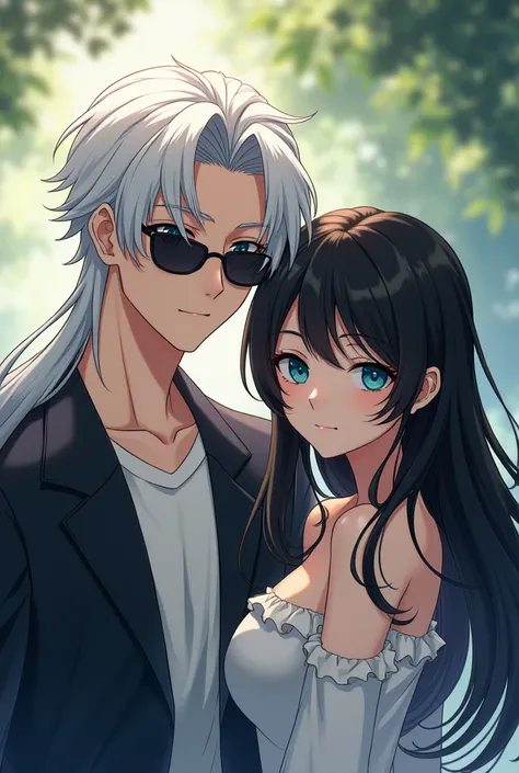 He has snow-white hair and the beautiful Eyes, which are a vibrant blue color. Satoru wears sunglasses and lets his hair down to the base of his neck when sporting a casual look. Hes with a girl. Girls hair is long and black color. she has very black color...