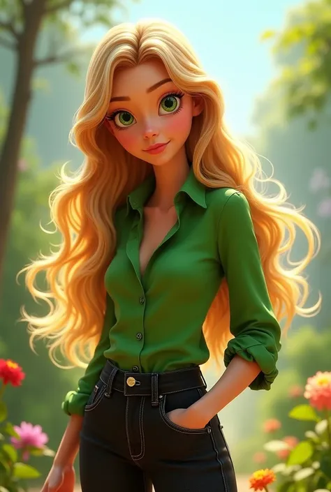 Pretty girl with green eyes , blonde,  green blouse and black jeans, Pixar style 