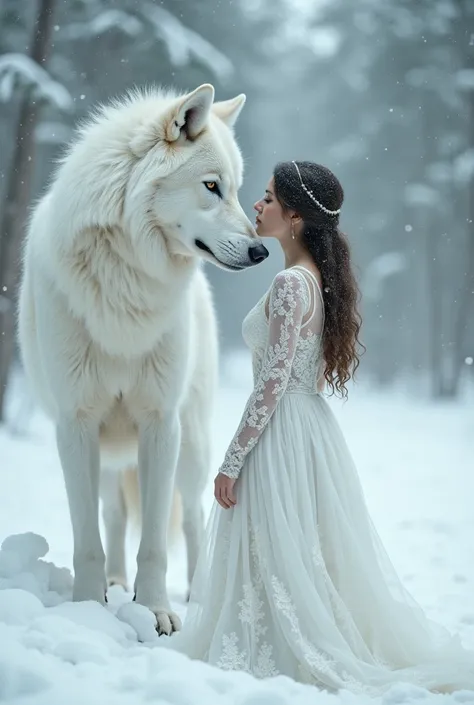 a large white muzzle of a wolf, a full-length beautiful girl in a white lace dress is pressed against it, fractals of white pine branches, everything is white, snow snowflakes, cinematic, aesthetics