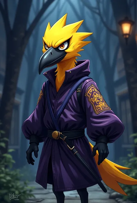 Anime: yellow crow wearing black/purple ninja garb with jaguar motif