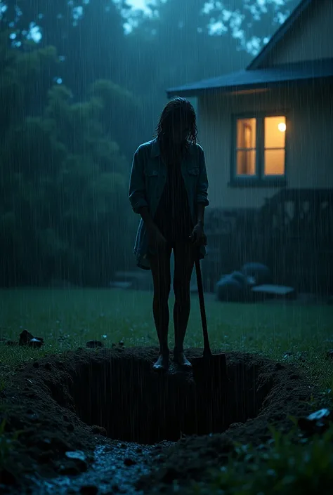 A woman is digging a hole at night at her house with heavy rains pouring 