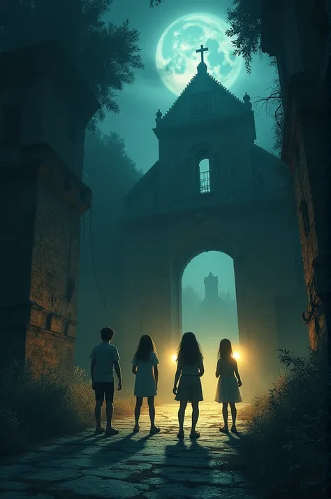 Here are 20 image generator prompts based on the story "GB Story 2.0":

"A dark and eerie village on a moonless night, with a crumbling, ancient ruin surrounded by dense fog."
"Four friends (two boys, two girls) holding flashlights, standing at the entranc...