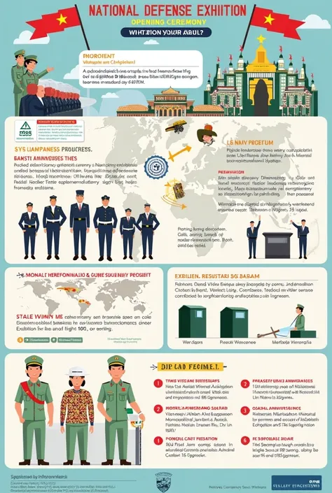 Create an informative infographic with the following content: 
 NATIONAL DEFENSE EXHIBITION OPENING CEREMONY VIETNAM WAR 2024
Time :  Day 19 / 12
Venue :  Gia Lam Airport ,  Hanoi
Special Events :  Celebrating the 80th anniversary of the founding of the Pe...