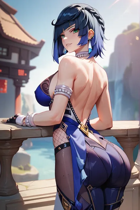 8k, 32K, master piece, 1girl, large breasts, solo, , jewelry, looking at viewer, earrings,yelan (genshin impact), ass focus 