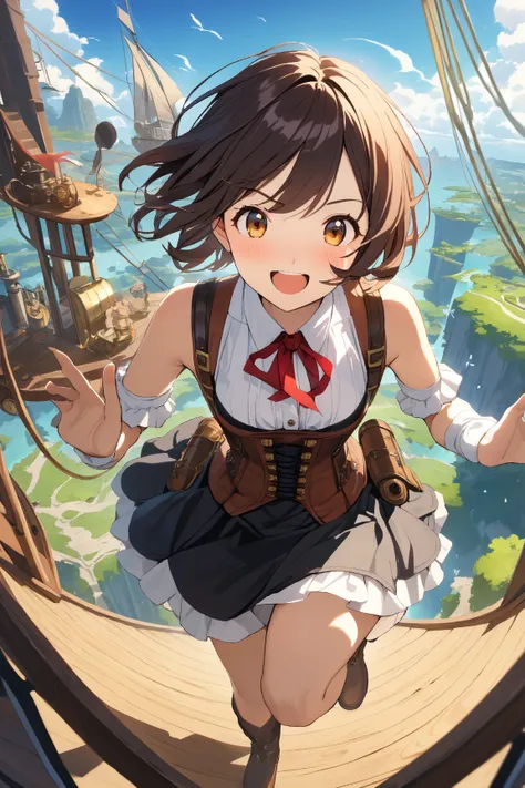 1 girl, (cute face), 18 years old, (short hair:1.3), (wearing steampunk corset and skirt), above knee length, small breasts, (excited expression), BREAK  
Airship deck, sky, floating islands, (sing:1.2), (wind blowing hair), adventure scene, BREAK  
(natur...