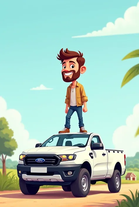 An cartoon of an man standing and smiling ontop of his white ford ranger bakkie