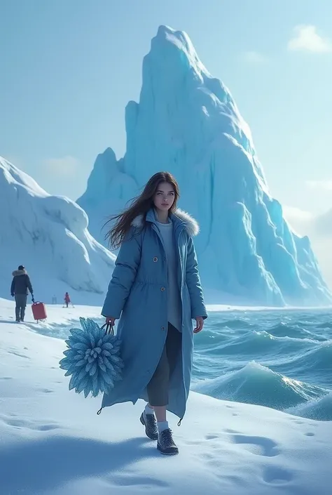  A pile of crystal ice on a snow beach where the water is cold and bumpy, there is an iceberg  ,  there is an ice seller ,  there is a beautiful woman in front of herself carrying ice in a blue jacket , and the beautiful womans face is visible 
