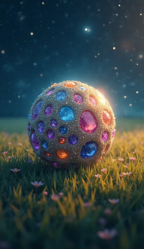 "A mystical mini tattoo ball ,  with a shell that seems to be made of precious stones and eyes sparkling like diamonds,  rolling across a grass field that reflects golden lights under a starry sky ."